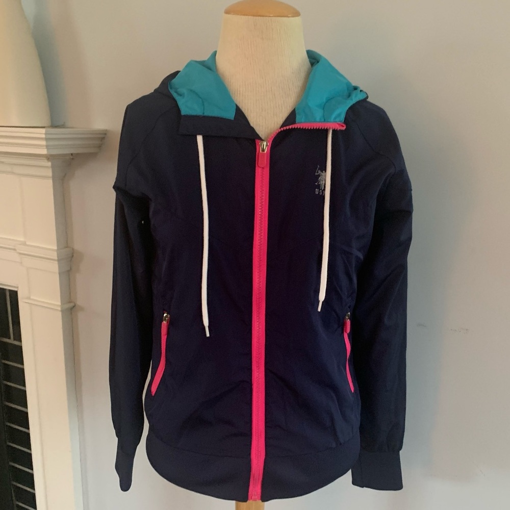 POLO jacket in blue & pink, light windbreaker style, hood & zip front US Polo